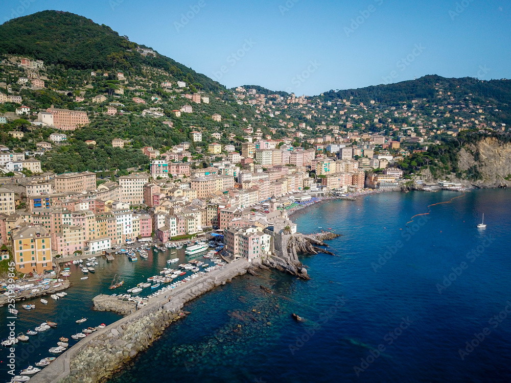 Yacht bay, Camogli aerial view, Genoa, Liguria, Italy