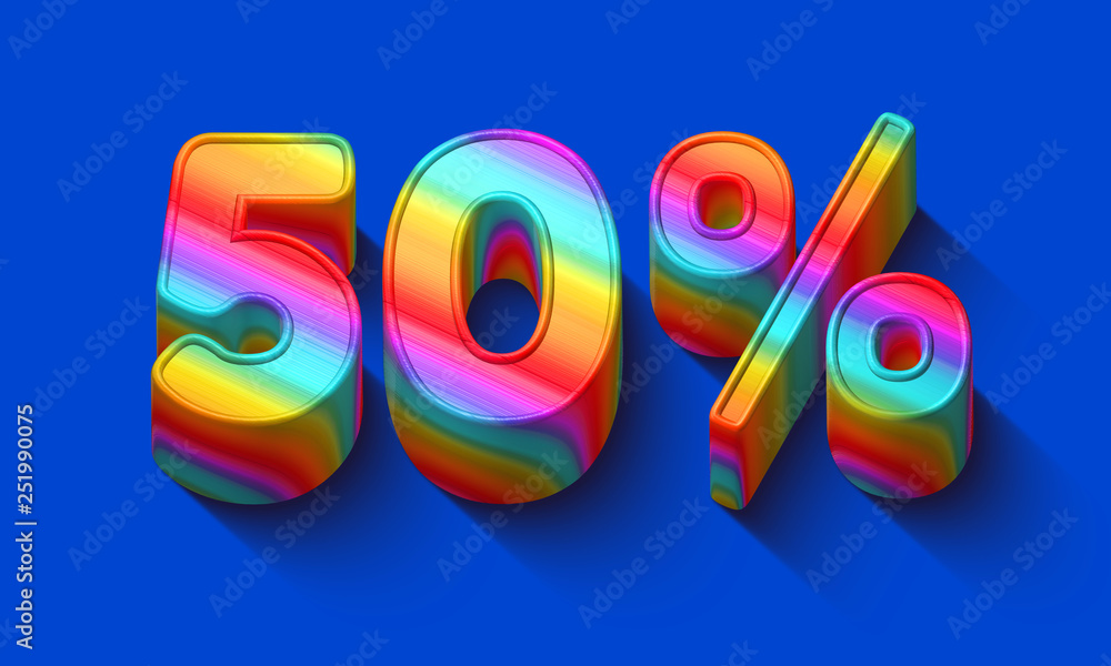 Obraz premium 50 percent sale discount with Dazzling rainbows number and supersaturated color background. Realistic 3D render vivid illustration for your brightest trendy sale ads, poster on hot Spring , Summer