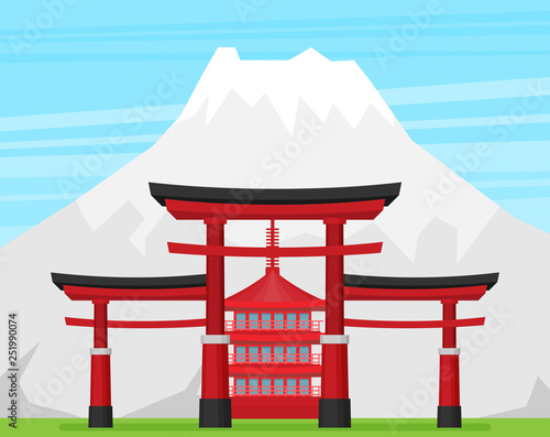 Japanese torii gate, national symbol, traditional structure, flat vector illustration. Flat style Japanese torii gate, national symbol, icon
