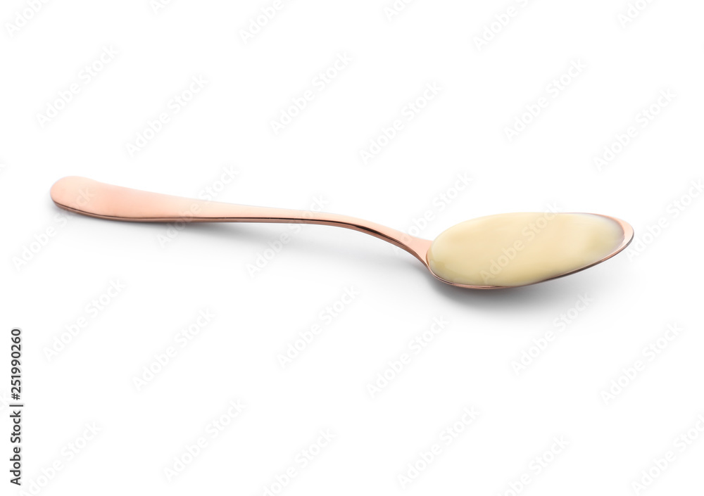 Spoon with tasty yogurt on white background Spoon with tasty yogurt on white background