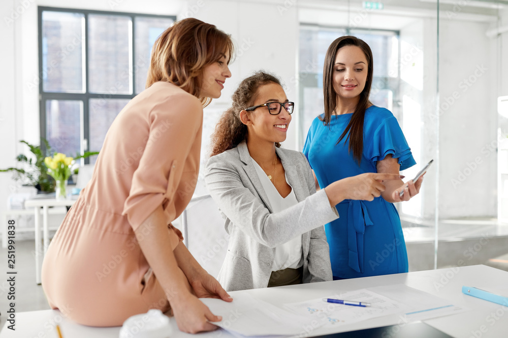 business, technology and people concept - businesswomen with smartphone working at office business, technology and people concept - businesswomen with smartphone working at office