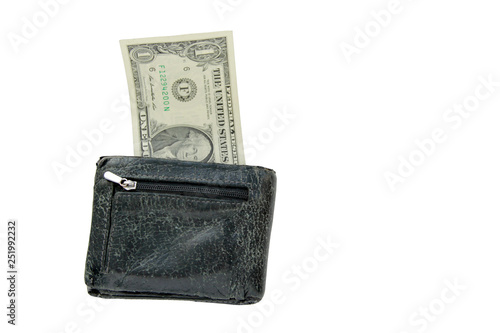 One dollar in an empty leather wallet. Unemployment and poverty.No money in the purse.