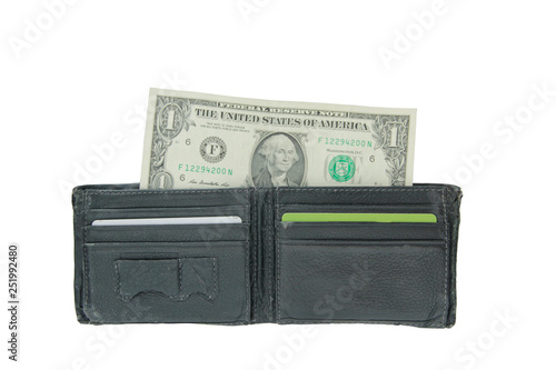 Wallet with one dollar. Isolated on white, no more money, concept