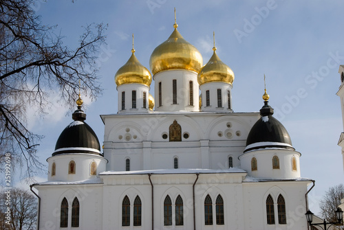 Dormition church. Kremlin in Dmitrov, old historical town in Moscow region, Russia. Color winter photo. Popular landmark.