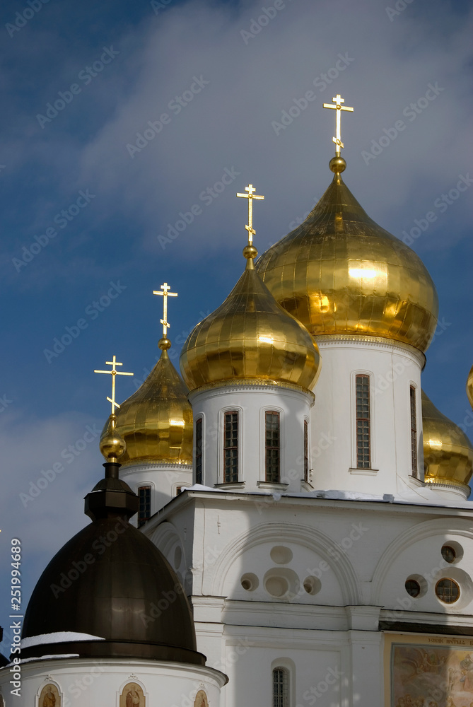 Dormition church. Kremlin in Dmitrov, old historical town in Moscow region, Russia. Color winter photo. Popular landmark.