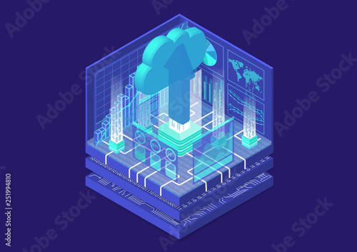 Cloud migration concept with symbol of floating cloud and upload arrow as isometric 3d vector illustration. 