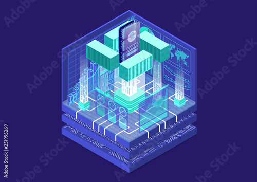 Application containerization and modular software development concept with symbol of smartphone and containers as isometric vector illustration.  photo