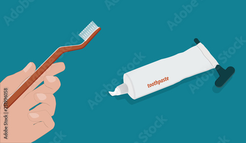 Male hand holds toothbrush - toothpaste in an open tube - vector.