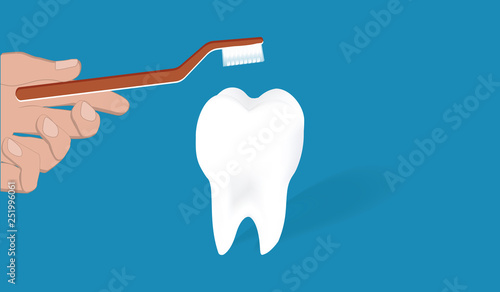 Red toothbrush in hand - Large white tooth - isolated on blue background - flat style - vector.