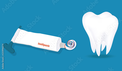 Colored toothpaste in an open tube - Large white tooth - splash of water in grunge style - flat style - vector