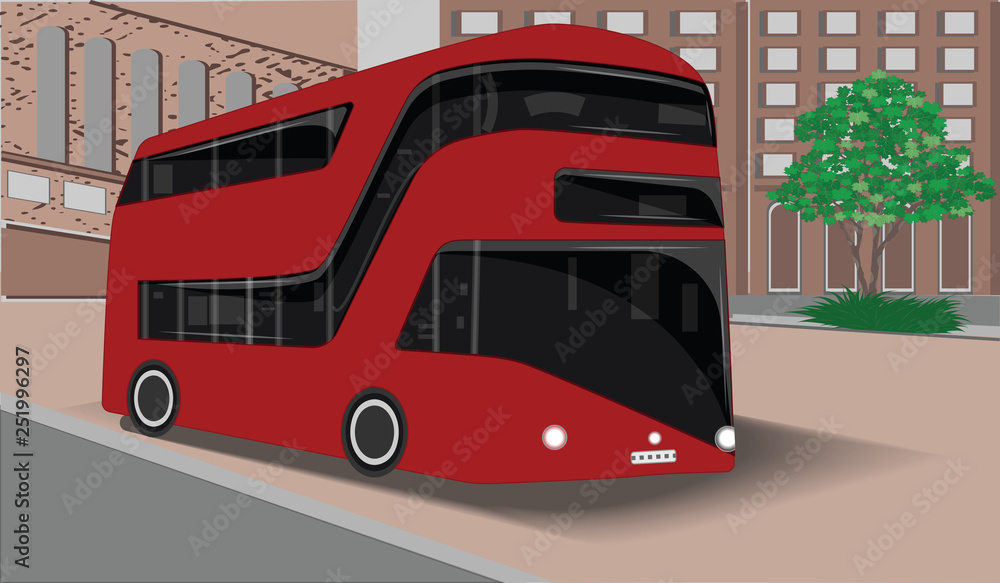 Modern double decker passenger bus - urban landscape - flat style - vector