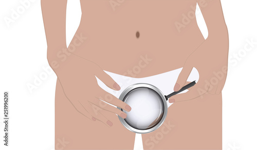 Personal hygiene . Female body, magnifying glass in the intimate area - isolated on white background - vector.