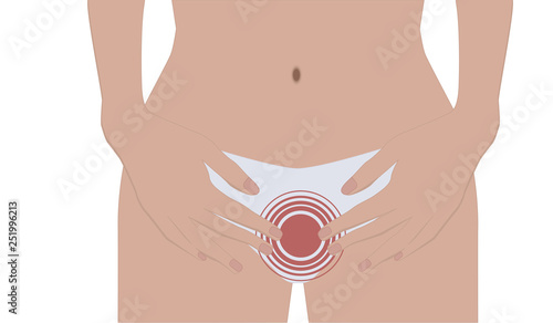 Personal hygiene . Female body, red circle in the intimate area - isolated on white background - vector.