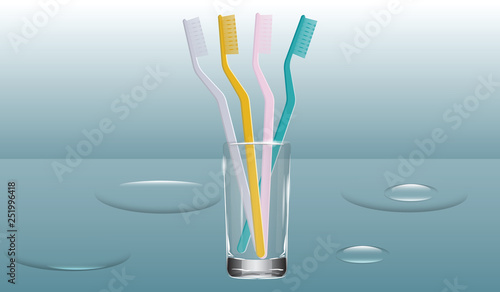 Colored toothbrushes in a transparent glass, realistic - light background with water drops - vector.