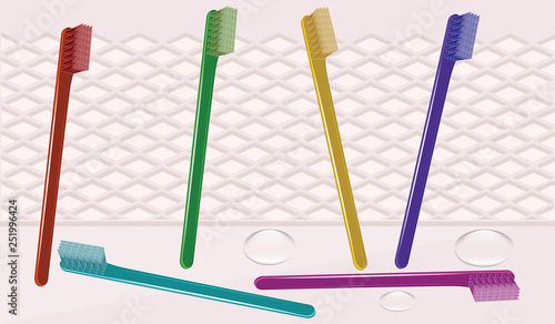 Set - six colored toothbrushes - decorative light background - vector.