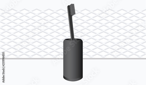 Toothbrush black in stand, realistic - decorative light background - vector.