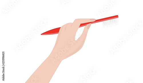 Toothbrush red in female hand, realistic - - isolated on white background - vector.