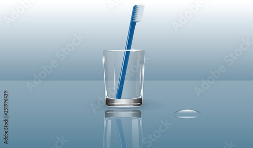 Toothbrush, blue, realistic, in a transparent glass, a drop of water - a glass reflection - vector.