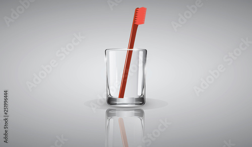 Toothbrush, red, realistic, in a transparent glass, with reflection - vector.