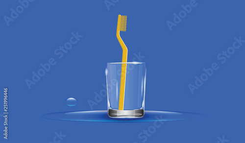 Toothbrush, yellow, realistic, in a transparent glass, a drop of water - blue background - vector.