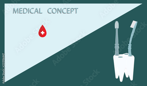 Toothbrushes, realistic, in a stand in the shape of a tooth - vector.Medical concept. Teeth care