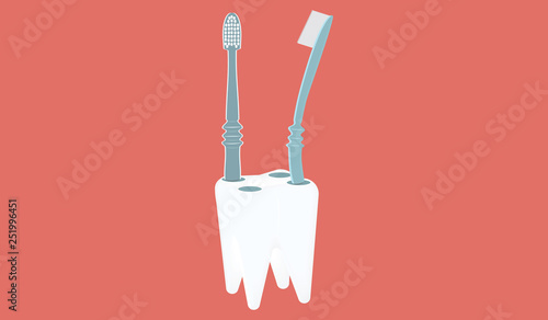 Toothbrushes, realistic, in a stand in the shape of a tooth - isolated on a coral background - vector.