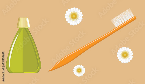 Toothbrush, bottle, chamomile - yellow background - vector. Prevention of dental care