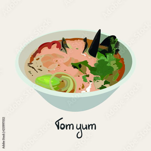 Tom yum or tom yam hot and sour Thai soup with shrimp.  Vector hand drawn illustration.