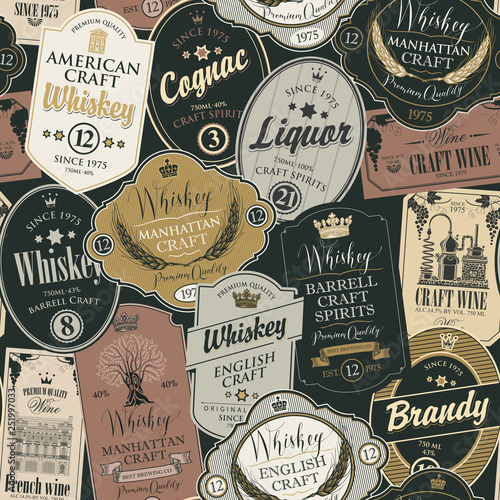 Vector seamless pattern with collage of labels for various alcoholic beverages in retro style with inscriptions of whiskey, liquor, cognac, wine, brandy, craft wine.