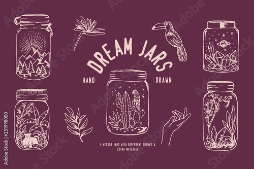 Hand drawn mason jars with dream scenarios of tropical jungles, diamonds in space and mountains. 