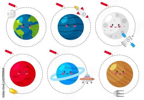Trace line worksheet for kids, practicing fine motor skills. Educational game for preschool kids. Cute kawaii planets. Vector illustration.