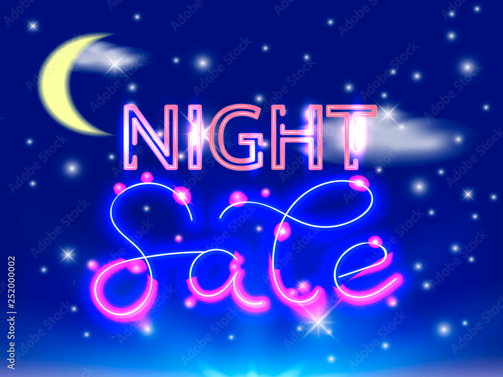 Night sale neon lettering. Evening sky with stars. Vector illustration. Night sale neon lettering. Evening sky with stars. Vector illustration.