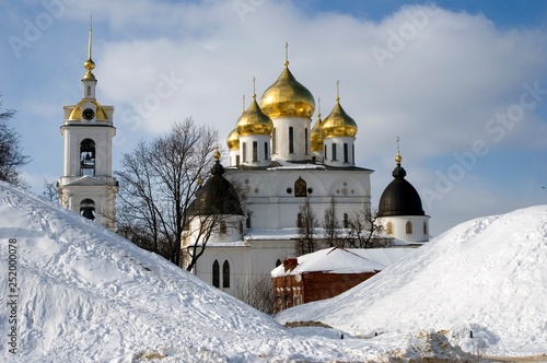 Dormition church. Kremlin in Dmitrov, old historical town in Moscow region, Russia. Color winter photo. Popular landmark.