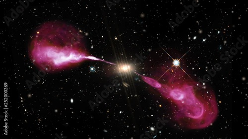 Radio wavelength galaxy red plasma fields in outer space with bright flare light at center. Contains public domain image by Nasa photo