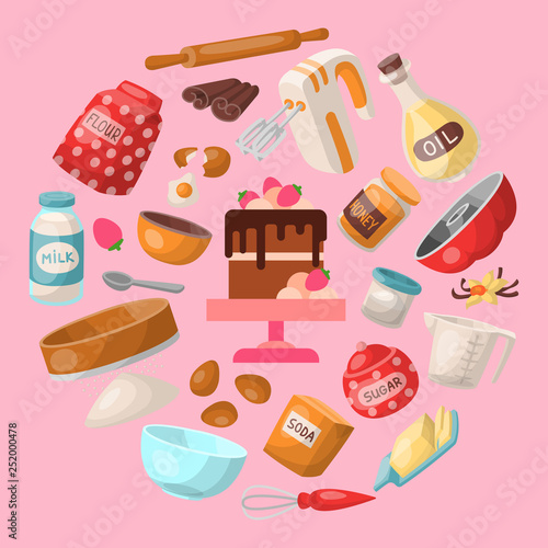 Baking cartoon tools and food seamless pattern. Kitchen utensils. Baking ingredients sugar, vanilla, flour, oil, butter, baking soda, cake, eggs. Cooking vector illustration.