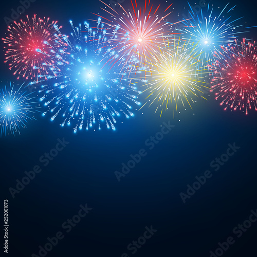 Fireworks. Festival colorful firework. Vector llustration on blue background