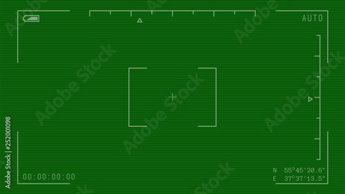 Night camera military viewfinder overlay. Night green camera template. Camera frame vector template with gps coordinates and lines. White lines and text with information timing on green background.