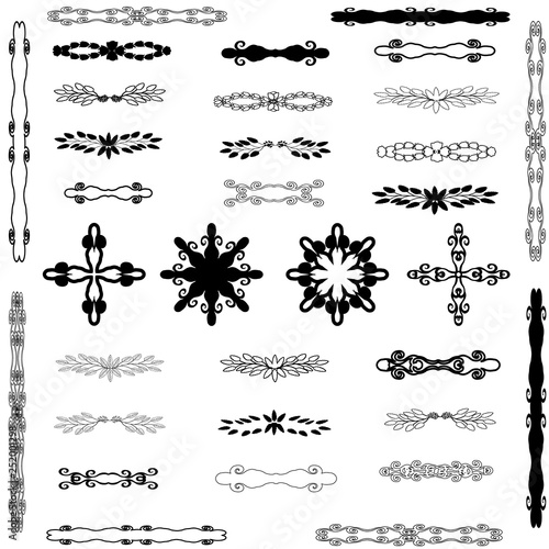Collection of handdrawn unique swirls and dividers for your design. Set of decorative dividers, borders, swirls, dividing and scrolls isolated on white background. Vector illustration 