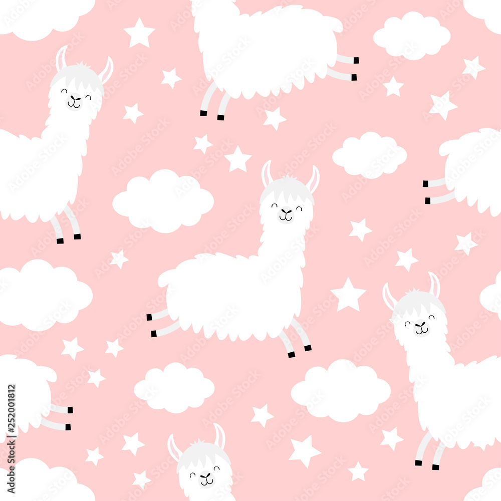 Fototapeta premium Seamless Pattern. Alpaca llama jumping. Cloud star in the sky. Cute cartoon kawaii funny smiling baby character. Wrapping paper, textile template. Nursery decoration. Pink background. Flat design