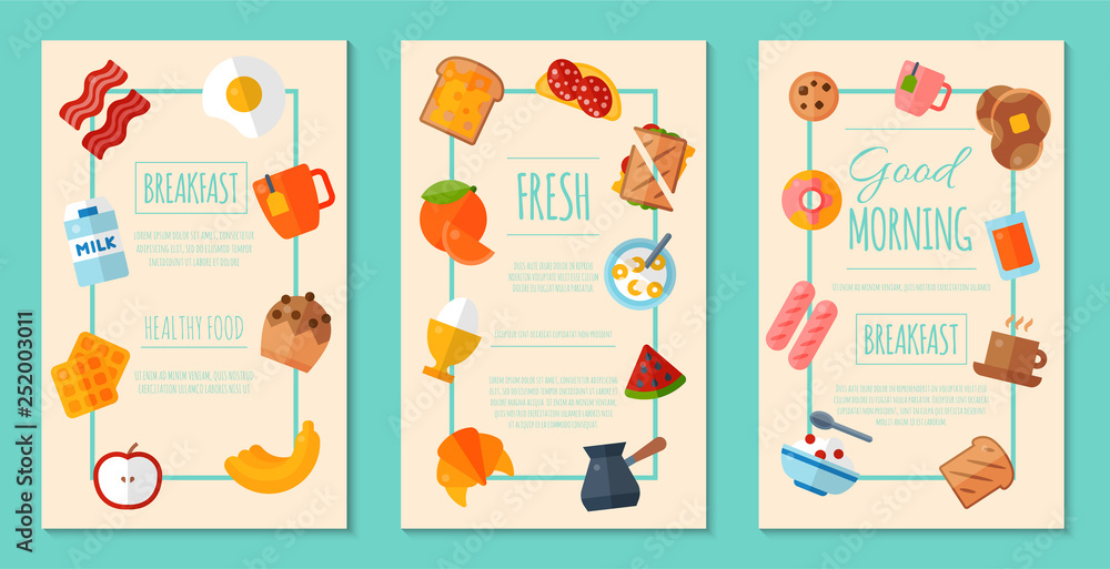 Fresh breakfast concept set of posters or banners vector illustration. Healthy start day. Eating in the morning. Good morning. Fruit breakfast. Toast and egg. Coffee, porridge, fruits, milk.