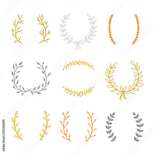 Wreaths and laurels vector illustrations on white background. Hand drawn design graphics with botanical elements