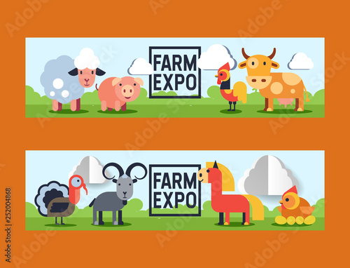 Farm animals vector domestic farming animalistic characters cow and sheep pig chicken farmer animals backdrop illustration set background banner