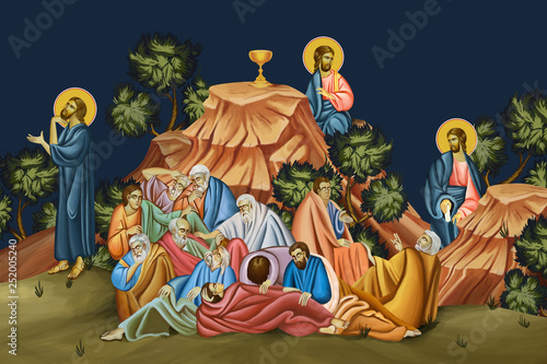 The Agony in the Garden of Gethsemane. Illustration - fresco in Byzantine style.