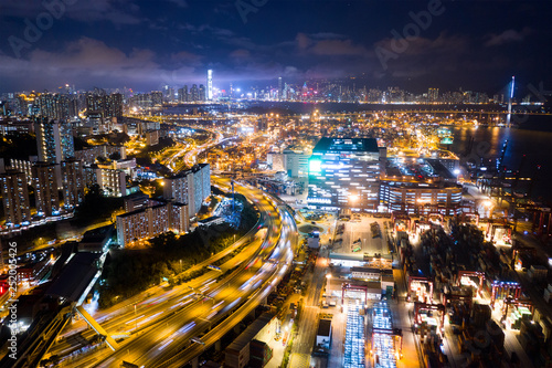 Top view of Hong Kong Kwai Tsing Container Terminals at night