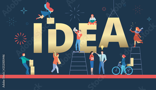 Idea, blue creative poster with people working together. Brainstorm, cooperation and teamwork.