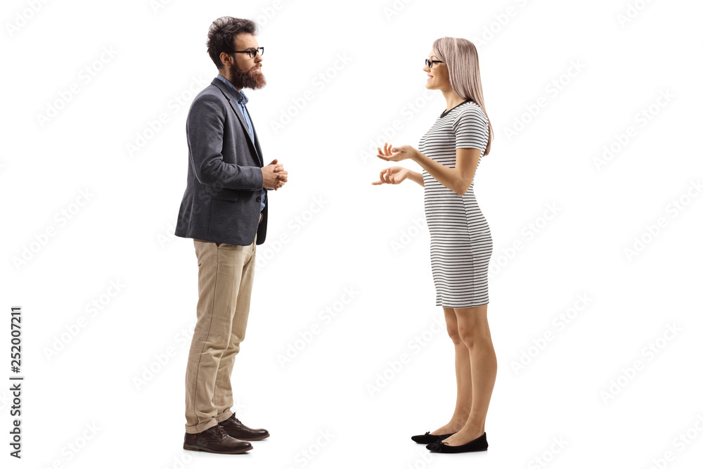Man and woman standing and talking - obrazy, fototapety, plakaty 