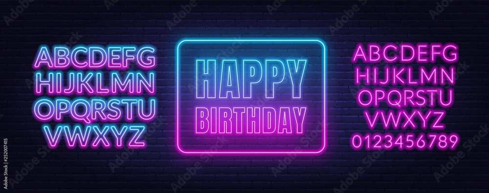 Happy birthday neon sign. Greeting card template on dark background. - obrazy, fototapety, plakaty 