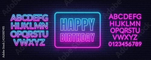 Happy birthday neon sign. Greeting card template on dark background.