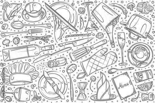 Hand drawn restaurant set doodle vector background
