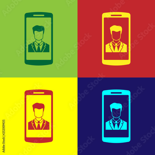 Color Smartphone with contact on screen icon isolated on color backgrounds. Incoming call. Human on phone screen. Call contact. Flat design. Vector Illustration 